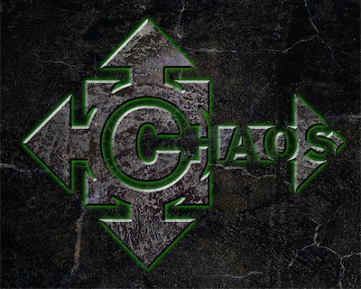 ©haos Stone — Just at the beginning of my journey and what I can do with this logo. Looking to see what kind of textures and overlays and aesthetics would work with it. And here's a kind of double stone texture with bevels and embosses, shadows, outer glows, bit of green outlining everything, and a distressed texture in the background.