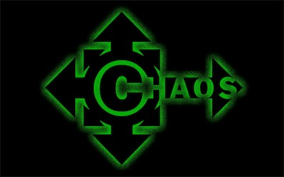 ©haos Logo | Green Noise — This is a simple treatment. Basically just a green outer glow around the symbol. Except in this case, in Photoshop, on the outer glow, I turned up the noise. Actually, something I've used in a number of different projects. I don't think it comes through as well as it could at this size, but it still looks good.