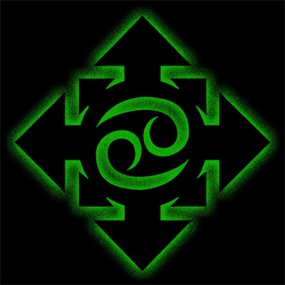 ©haos Logo | ©ancer — Using the same treatment as the last one with the noisy version of an outer glow in green. This one has the 69, or in this case, just the twirly things, which are the symbol for the astrological sign Cancer, as this was used as part of the advertisement for a birthday party for a couple of Cancers, that being me, and Phil, Mecca's, well, technically still husband at the time, who was hanging around with us, and their kids while I was in a relationship with Mecca.