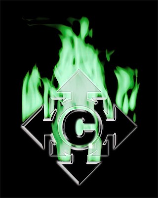 ©haos Logo | Green Flame — I think I had found another plugin since the 90s when I last used a fire rendering in a Photoshop document and applied a bit of green fire to the ©haos logo, with the logo itself having a pretty heavy bevel and emboss texture on it.