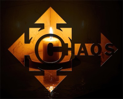 ©haos Logo | Candle — The house that ©haos Gallery was in had a pretty nice bathtub. And this was a shot in the bathroom where there was a candle directly on the bathtub rim against two tile walls showing a reflection of the flame in two different places, along with at the bottom level of the candle. I thought it was a great shot, so I transposed the logo on top of it.