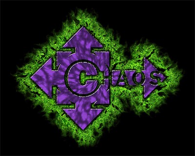 ©haos Logo | Purple Corona — Out of the various plugins for Photoshop that I had at the time, I had something that would give me some interesting edge effects. And so this treatment, using my two favorite colors, with black as a contrasting element, some kind of a texture, possibly clouds, on the logo itself, plus green and that expanding, fiery style border. I think it's sick!