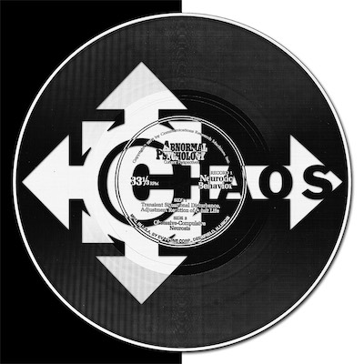 ©haos Record — We were located in the downtown Phoenix Arts District, right below 5th Street, near a coffee shop called Conspire. At one point during our stay, they had a number of cardboard boxes full of 10-inch records, and they were just getting rid of them. So we grabbed a bunch and did an entire gallery show where we invited a bunch of artists to make art out of them. This is a piece that I submitted that has the ©haos logo on it. "Abnormal Psychology", "Neurotic Behavior", with plenty of inversions.