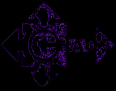 Eroded Chaos | Purple — Out of context, not even easy to see what it says. Although if you know, you can see it. The same thing as the previous one, except for a bit of a subtle outer glow only. Black on black with purple.
