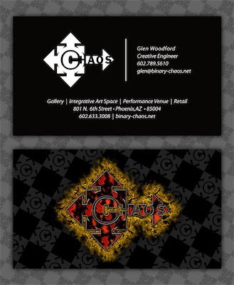 ©haos BC | Glen Woodford — Ah, so this is the first business card version I made for myself, using my legal last name. A simple design. I like it quite a lot, with the flame pants and the corona and the chaos field background.