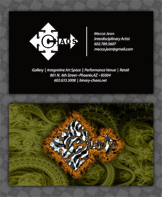 ©haos BC | Mecca Jean — And here's the full business card for Mecca Gene, my partner. Same design, nice and simple, with cool artwork on one side.