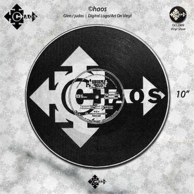 ©haos — Glen / judas, Digital logo/Art On Vinyl. And as you saw in the previous gallery. Now in this one to show what it looked like as part of the online collection for the vinyl show. I don't even remember what the process was for getting this image onto the record, but I did it three times for myself and once for another piece in the same show, for another photograph. I generally don't always remember my processes. I just come up with whatever it is I need to figure out about how to get something done when I need to do it. And I assume my capacity to do that is what I need to retain, not the technicalities of any given process itself.