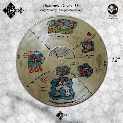 Unknown Device 13c — Ziggy Kennedy, Sharpie / Acrylic, Vinyl. Part of the vinyl show, Chaos Gallery, shown in 2009 as a group show that I composed and put together.