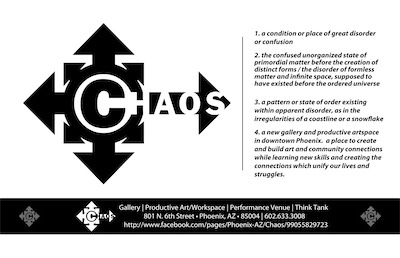 ©haos Info Tag — One of the things that I created for print to have on display in the gallery and hand out with some definitions and descriptions of what the gallery was about. All of our print material was done in black and white, because printing is expensive, and we were poor. And to make it interesting, we could then print it on whatever color paper we wanted to.