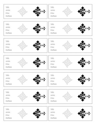 ©haos Gallery Tags — Staying basic and keeping things as inexpensive as possible. This is the cutout sheet for gallery tags that I designed using the gallery logo and all relevant information, plus another version of the logo at low transparency in the background. Simple and effective.