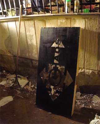 ©haos Gallery Sign — And while the back was drying, the rest of it was also drying with black paint on it. Of course, the black would give the most contrast possible, as the thing is only being lit by black light, so it's not very bright.
