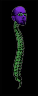 Spinal — And the final one here is of me. Just my head on a spine, some glasses, and The Firehouse logo in my right eye. Purple and green. One thing I didn't mention was that these were all printed and framed, but fully cut out with no black background, in frames that had double panes of glass. So they were sandwiched between them, floating, and hung up on the wall in the gallery at the firehouse. I thought it was a pretty neat presentation.