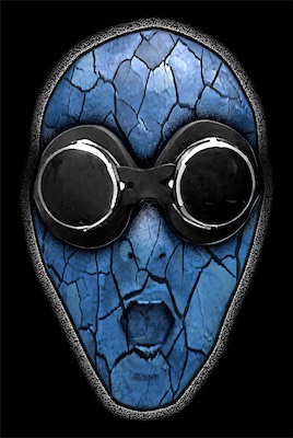 Cracked — A relatively simple treatment, a photo I took or was taken of me at Burning Man 2006. Wearing a pair of goggles, a texture of cracked clay applied over my face and colored blue, and a glowing edges with a noise added to it. Simple, but seemed to make an impression.
