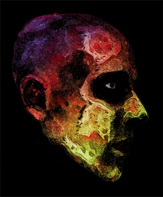 Zombie P — Sometimes art is opportunistic. This is Phil, husband to Mecca, at the time. The one that I was with. Before I was with them/her, they came to the Firehouse, and they had done makeup on their faces to look like zombies for Halloween. Phil had applied tissues and whatever else makeup, which made for a very good texture to then do some compositing with after. And this is a side shot of his face.
