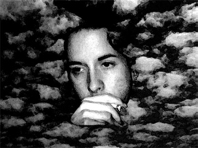 Thinking — This is way back in the day. Early in my understanding of Photoshop, and this might be the first self-portrait I ever did. A photo somebody else took of me, smoking a cigarette, put into a background full of clouds, and affected with some kind of paintbrush effect. Simple, but I always liked the aesthetic.