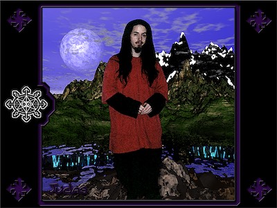 Glen Portrait — Using a photo of myself that I liked quite a lot, me with very long black hair, wearing red and black, and a pair of pants that I sewed myself, wearing moccasins that you can't see. I created a landscape in Bryce 3D, and then created a frame in Photoshop using four chaos symbols and the binary-chaos symbol (version 1), with some boundary edging effects. And with the center, in an attempt to blend in the two distinct spaces, I applied some kind of paintbrush effect. Not sure how effective it was, but it was something worth keeping.