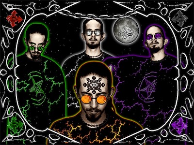 Glen x 4 — I'm wearing a jumpsuit with and a shirt with a pentagram on it. And went to a photo booth with friends and took a bunch of photos. I composited myself out of four of the different photos, put it into this portrait, and added a moon, some Klingon-looking bladed things, four 3D chaos symbols, my binary chaos logo in two places, and some strange lightning, plus effects on the glasses. Kind of ambitious for me at the time.