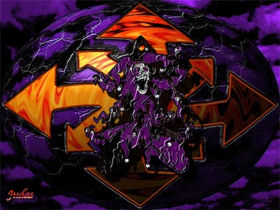 Purple Cracked Jester — Learning to up my game a bit, using the same jester with the chaos symbol stretched wide and twisted a bit with some kind of swirly fire, wrapped on a sphere with a texture of cracked clay on top of a texture of clouds, and the background being clouds. The color palette, purple and fire. I knew I could never ultimately do anything with these pieces because I didn't own the copyright to the jester, but I still used it as a way to learn and advance my skills.