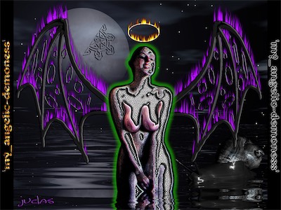 My Angelic Demoness — When times went rough with my first big relationship of six and a half years, and we became separated due to a death of my boss and a job that I had bet my future on, I kind of mentally crashed and crumbled, and wasn't there to support her, and so she went away. I took a bunch of skills that I had learned and combined them all together, and as best way I could, using a nude photograph of her, my skills in Bryce, a 3D model of a snail, a moon, half of my binary chaos symbol, gave her some wings and a halo, called it 'My Angelic Demoness'. Initially, she wasn't actually flattered by it, which took me aback a bit.