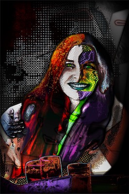 McSarason — I lived with Sarah for a long time and never did any artwork of her. I think that's because we didn't believe in relationships and I didn't have an obsession, which was healthier. But I took her meaning, and she had seen how I did my process on the Bitcoin pieces, and so I did this one while she sat there. It's kind of a trip. A bunch of textures, blending effects, overlays, knockouts, patterns. Neat stuff.