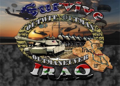 Survive Iraq — Well, this one obviously dates me. Made during the time of the Iraq war. I was doing freelance work occasionally, I think because of clients that I met while working at CompUSA as a Mac salesman. And this was to be a design to go onto a t-shirt. Just putting it here to show my journey.