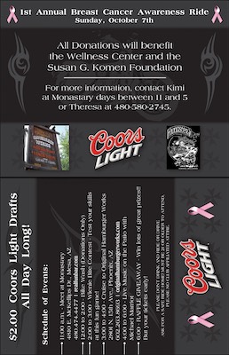Coors Flyer — Not sure why the file was labeled "Coors Flyer" instead of "1st Annual Breast Cancer Awareness Ride", but I was the Production Manager, not the Art Director, so that's how I got the file. I like it. It kind of lines up with some of the styles I would use. I like the transparent, lower transparency on the graphics in the background behind the text, little side logos, the lines coming out from the side on the back to denote the different sections. That's definitely my style. Yeah, this is a good one. Gets the job done well.
