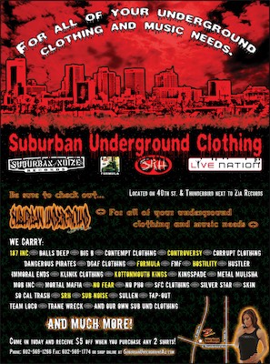 Suburban Underground — I do remember this one. It was fun to create. Kind of a gritty look, obviously, especially the front. The back is quite busy, but, you know, a lot of items being mentioned. Gritty ads are cool.