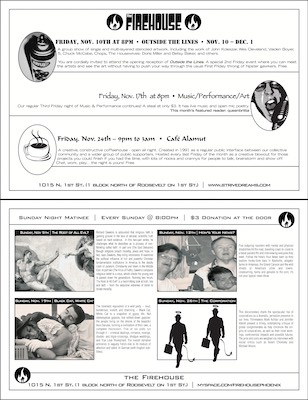 Nov 2006 Flyer — Pretty standard fare, as all these are. Lots of fonts used, one different for the header for each event. Fun clip art. A lot of it will be repeated throughout. The neat thing about these is we picked the movies for the movie night section. On this one, I picked the first one, The Root of All Evil, when I was on a bit of a more puristic atheism kick, which I have different views on now. 
