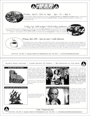 April 2007 Flyer — Design-wise, a return to a bit like the first one, I think. Some interesting names for the bands, local Phoenix stuff. As for the movies, I think I picked the first one. It is an old favorite. The second one's good. Who wouldn't be interested in the third? And I don't really remember the last one. Still interesting stuff.