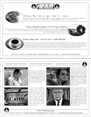 May 2007 Flyer — I guess I got a little bit lazy with design. Kind of stuck to a theme on the first half. As for the movies, I don't remember the first one. The second one, a classic, if you're into cults. I don't remember the third. And the fourth, quite an interesting one. It's a strange thing when an arts collective picks movies for a movie night.