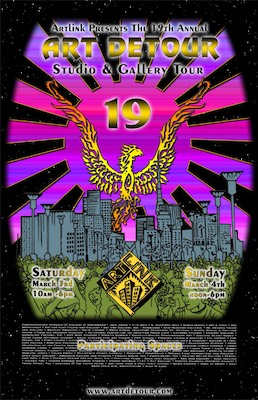 Art Detour 19 Phoenix — While living at the firehouse, the head person, Michael 23, took on the responsibilities as the chair of Art Detour and built out the full-color map that was used for this event, at the time, the largest art scene in the United States. I laid out the front cover. The phoenix was designed by his wife, Joanne 23, and became an actual large wood sculpture that we would burn every year in an empty lot near The Firehouse for years.