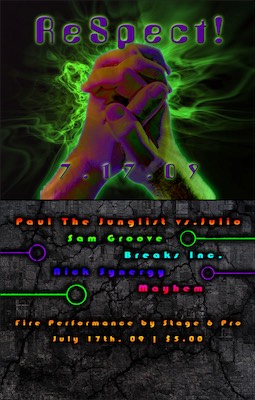 Rave Flyer — Once people know you can do graphic design, when you live in an arts community, you sometimes get asked to help out, building ads and things for others. Someone was throwing a rave and came to me, and I worked with them and we came up with this. Interesting enough.
