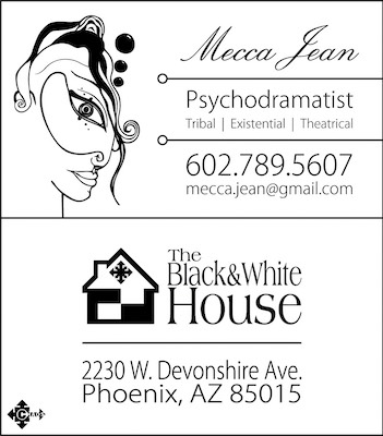 Mecca BC | Black & White House — This is a business card I came up with while living at the black and white house for Mecca. Not sure what my relationship status was with her at the time. Possibly two of us were involved with her simultaneously at this point. But I like the design. I like the logo on the black and white house. That's all my stuff. It's interesting. The face is her drawing.