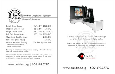 Druidian Info Sheet — My aesthetic is white on black, but, given black on white, this is definitely how I like to lay things out. And while working with Matthew at 'Druidian Archival Service', and 'Fine Canvas Prints', whichever one he wanted to call it at the time, this is what I put together. That scanner was amazing.
