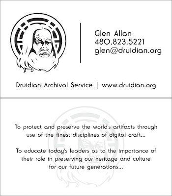 Druidian BC Glen — Matthew, the guy I was working with, was definitely into the Druids. He liked the lore, and I think he talked about a history of them being into archiving. I can't say as though I'm not a fan of interesting symbology. So, this is the simple design I came up with for our business cards. It's minimal, but nice.