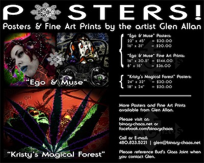 Glen Poster | Art Sales — I attempted to sell posters and prints at Bud's Glass Joint, down in the Arts District in downtown Phoenix. They were cool with me putting my stuff in there, but I got a little miffed at them, because I was advertising the shit out of their place, and I never saw them say a damn thing about what I had there. So I went and grabbed my shit. But the ads, okay. A little crammed. Not my best, not my worst.