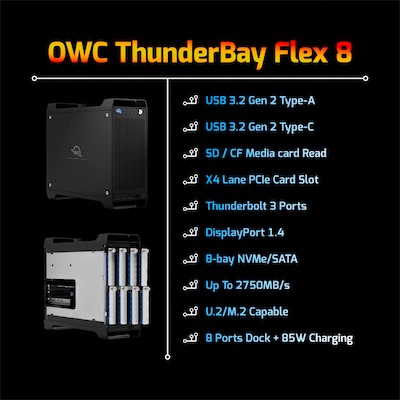 OWC ThunderBay Flex 8 | FB Marketplace Listing — This one hurt to sell. This was a beast of an enclosure, with a great dock. I hope to be in a position soon to be able to get another one. Hopefully an updated version, if they come out with one. This is actually just a still frame from a keynote presentation. But I thought to put it in here, because I like the way it looks. If you want to see what it looks like animated, check out the video section.