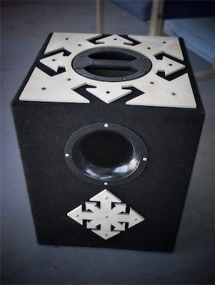 Chaos Subwoofer — Another angle, more or less straight on, but from a top angle. Clean view of the front chaos symbol, and the top's chaos symbol with the handle hole cut out of it. I thought it was a slick design.