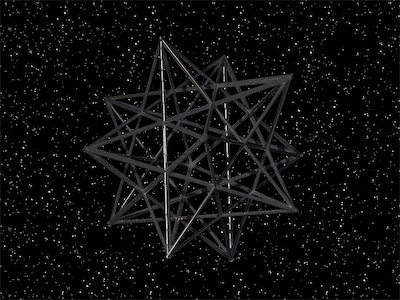 3D Pentagram — Not the perfect upscaling. I never had a chance to render this at a higher resolution. And does it even belong in this space either? If you didn't know what it was, you would be hard pressed to be bothered by it. But once you do, it's kind of fascinating what it looks like when a bunch of pentagrams are put together into a 3D object that looks like a buckyball. And hey, why not have it float in space?
