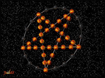 Ball Pentagram in Space — A slightly rough upscale, but not too bad. Building a 3D pentagram out of spheres and poles and a torus. Putting fire on the primary balls, floating the whole thing in space. Again, it's fascinating how offended people can be by a symbol made out of five lines. Just an interesting aspect of human consciousness that I find unendingly interesting.