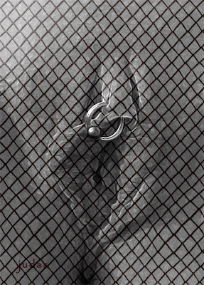 Kitty | Fishnet — This one looks far more obvious the further away from it you see it. Up close, it's still pretty obscured. Some kind of a painting effect was used. Desaturated completely, and then a bit of a fishnet effect with some blending layers to give it dimension and attach itself to the contours of the flesh. Abstract. I think people consider fishnet sexy. Not sure that's what this is supposed to be.
