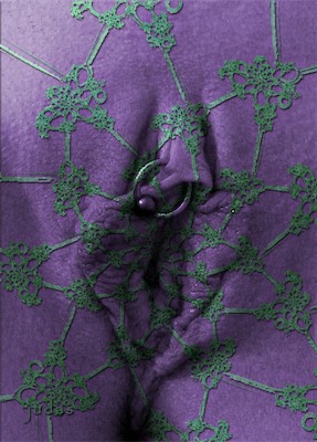 Kitty | Purple Green Lace — An interesting lacy repeating pattern, getting smaller as it goes towards the center, kind of drawing your focus in on the purple skin, offset slightly with a shadow, but still contouring. This one's interesting, kind of a cage, kind of a shield, kind of a doily fabric. Who knows? It's a trip.
